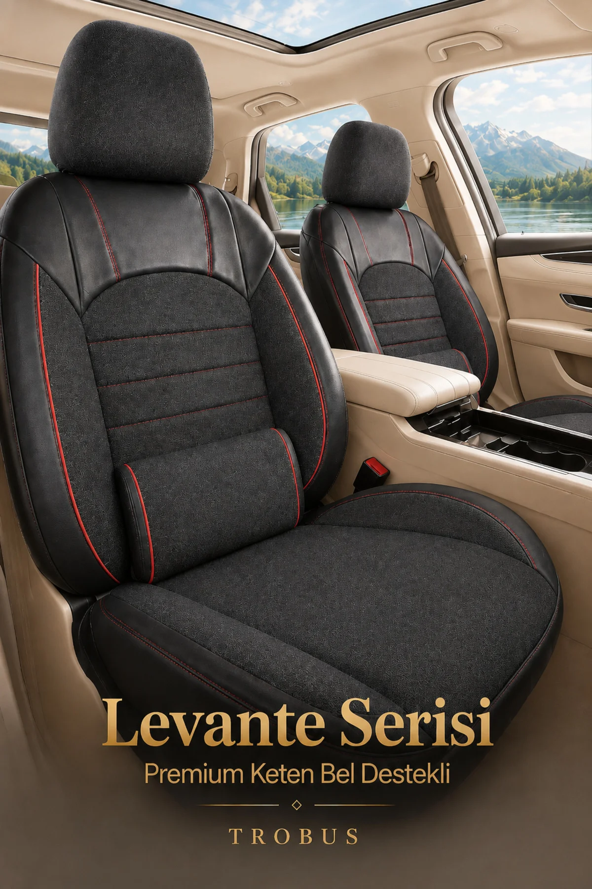 Audi Q7 2006-2015 Uyumlu Levante Serisi Bel Destekli Keten Füme Kırmızı Koltuk Kılıfı