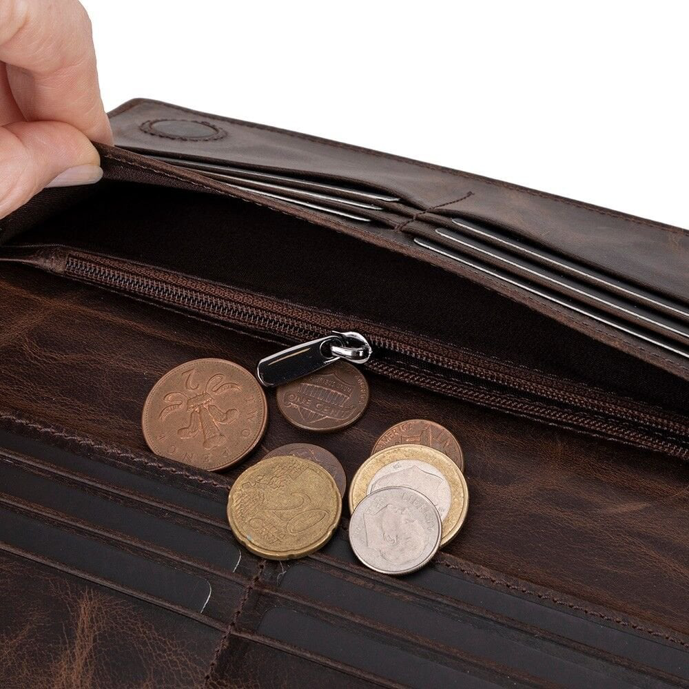 Aura Hakiki Deri, El Yapımı, Telefon Bölmeli, Kadın Cüzdanı, Koyu