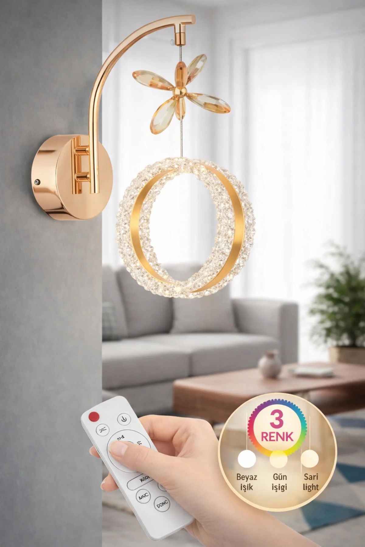 Aurea Model Tekli Gold 3 Renk Oturma Yatak Mutfak Çocuk Odası Modlu Led Aplik(KUMANDALI)