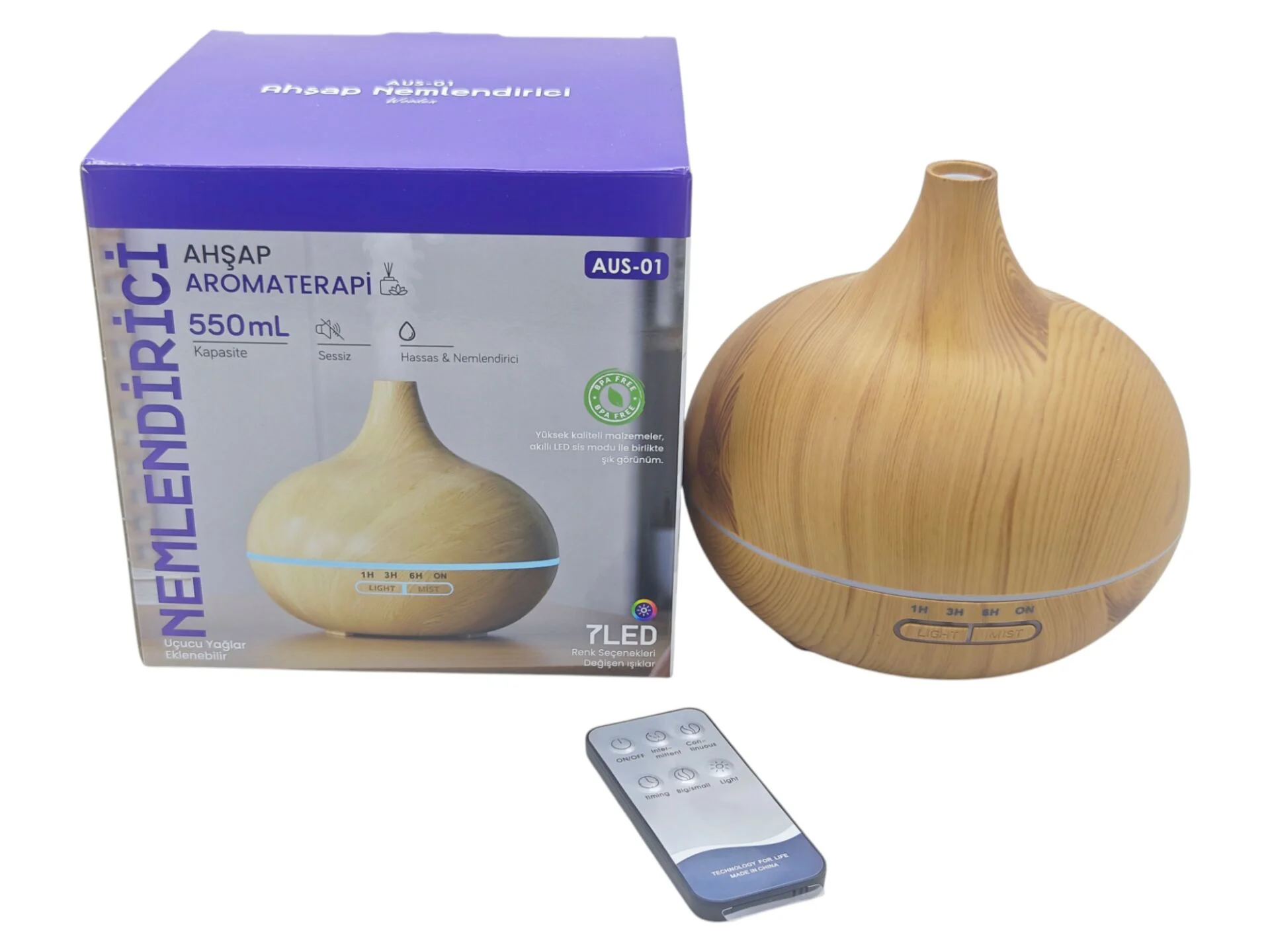 AUS-01   Auhma 7 Led Aromaterapi Nemlendirici 550ml - Ahşap