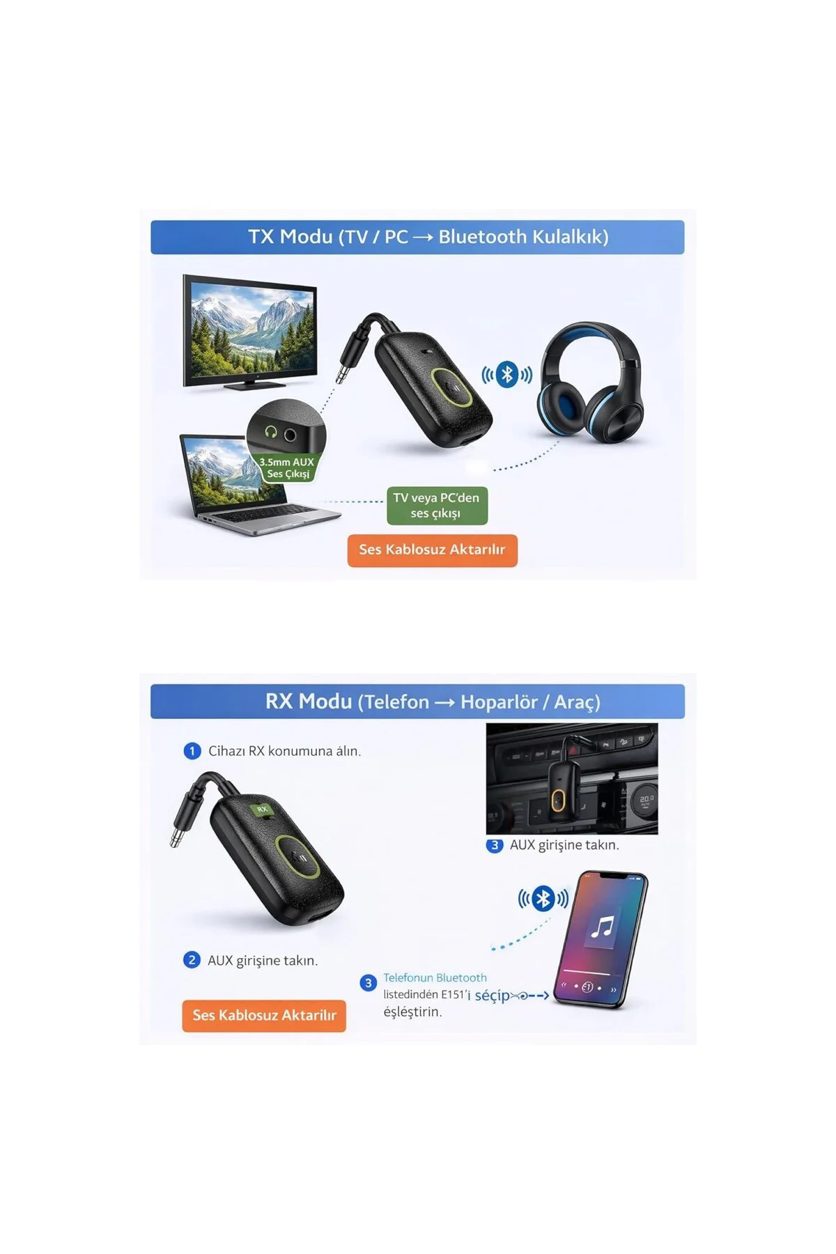 AUX Bluetooth Ses Adaptörü İki Yönlü RX/TX Alıcı Verici Araç TV T