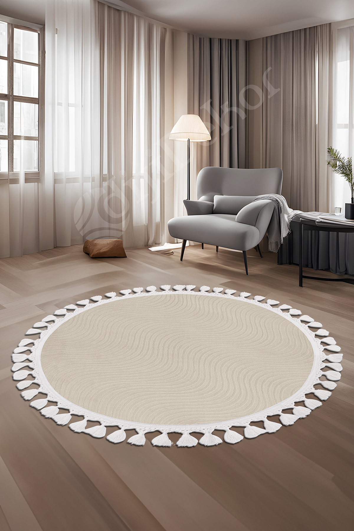 Avangard Yuvarlak Halı Sahra Krem Banyo Halısı Saçaklı 90X90