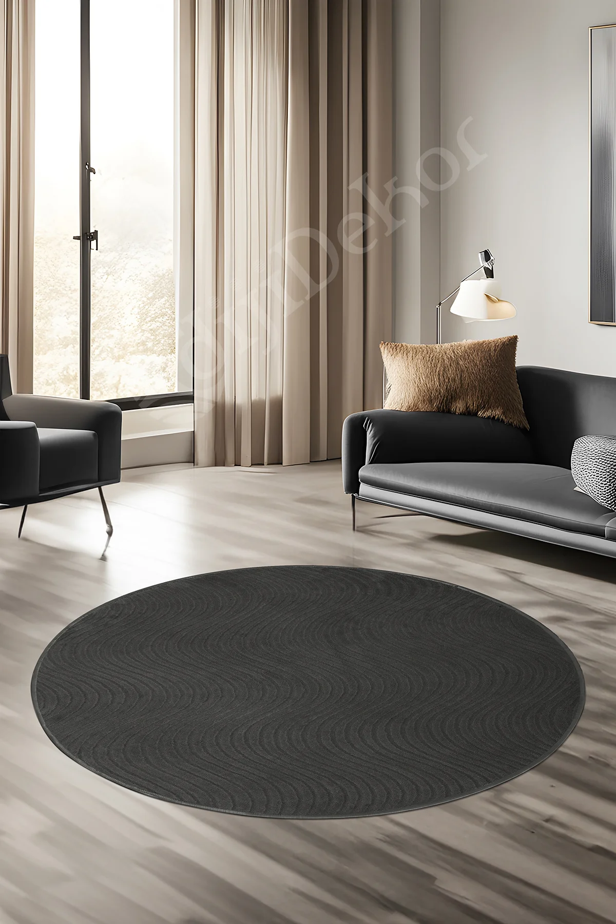 Avangard Yuvarlak Halı Sahra Antrasit Banyo Halısı Silinebilir 130X130