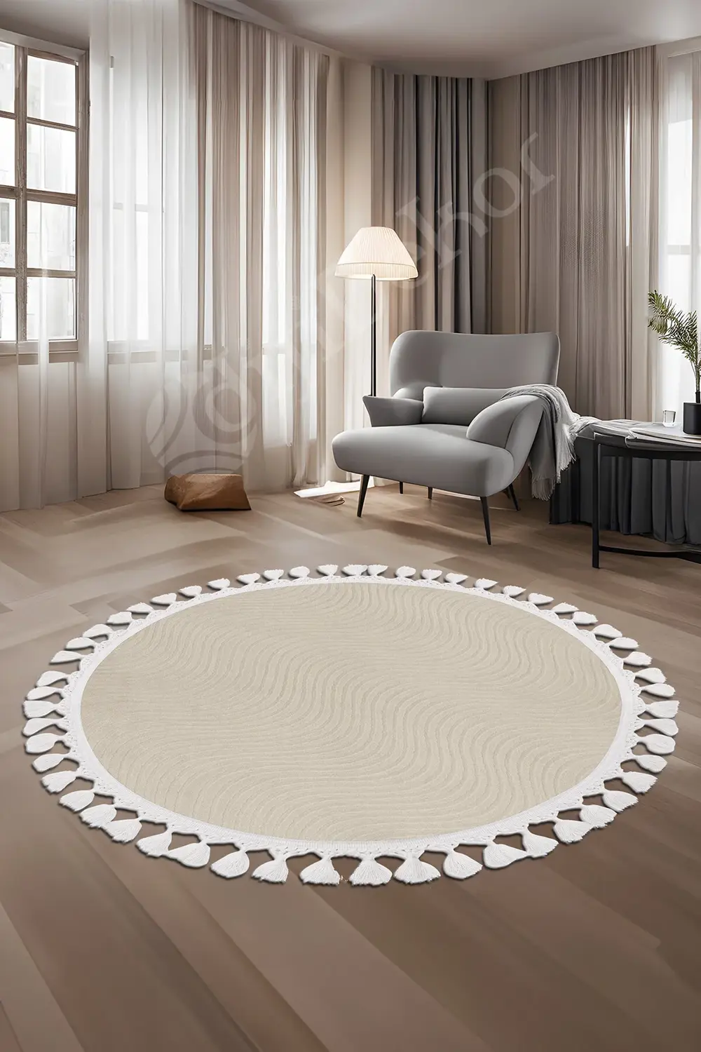 Avangard Yuvarlak Halı Sahra Krem Banyo Halısı Saçaklı 100X100