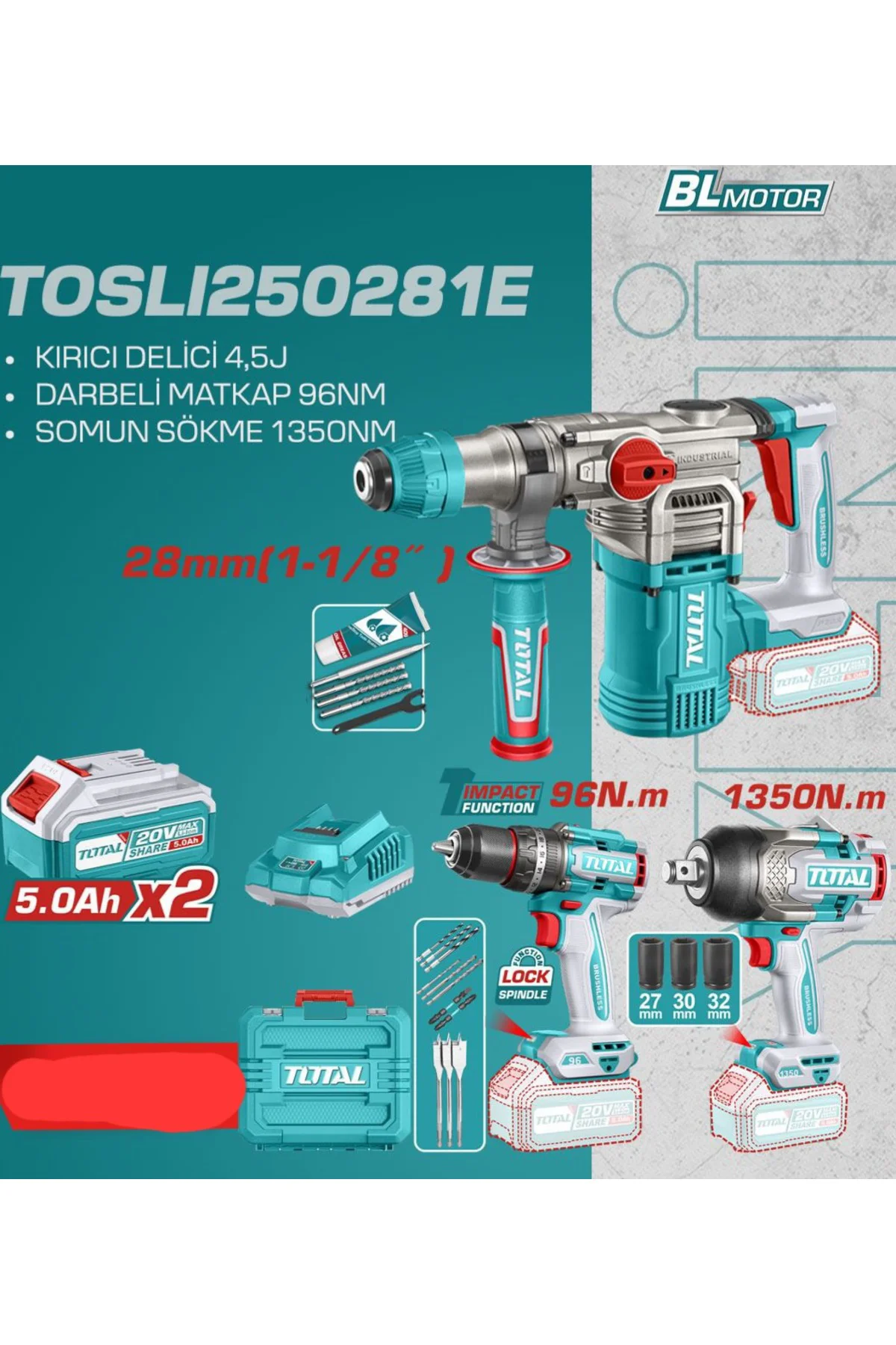 avantajlı akülü prof set, kırıcı delici 4.5j, darbeli matkap 96nm