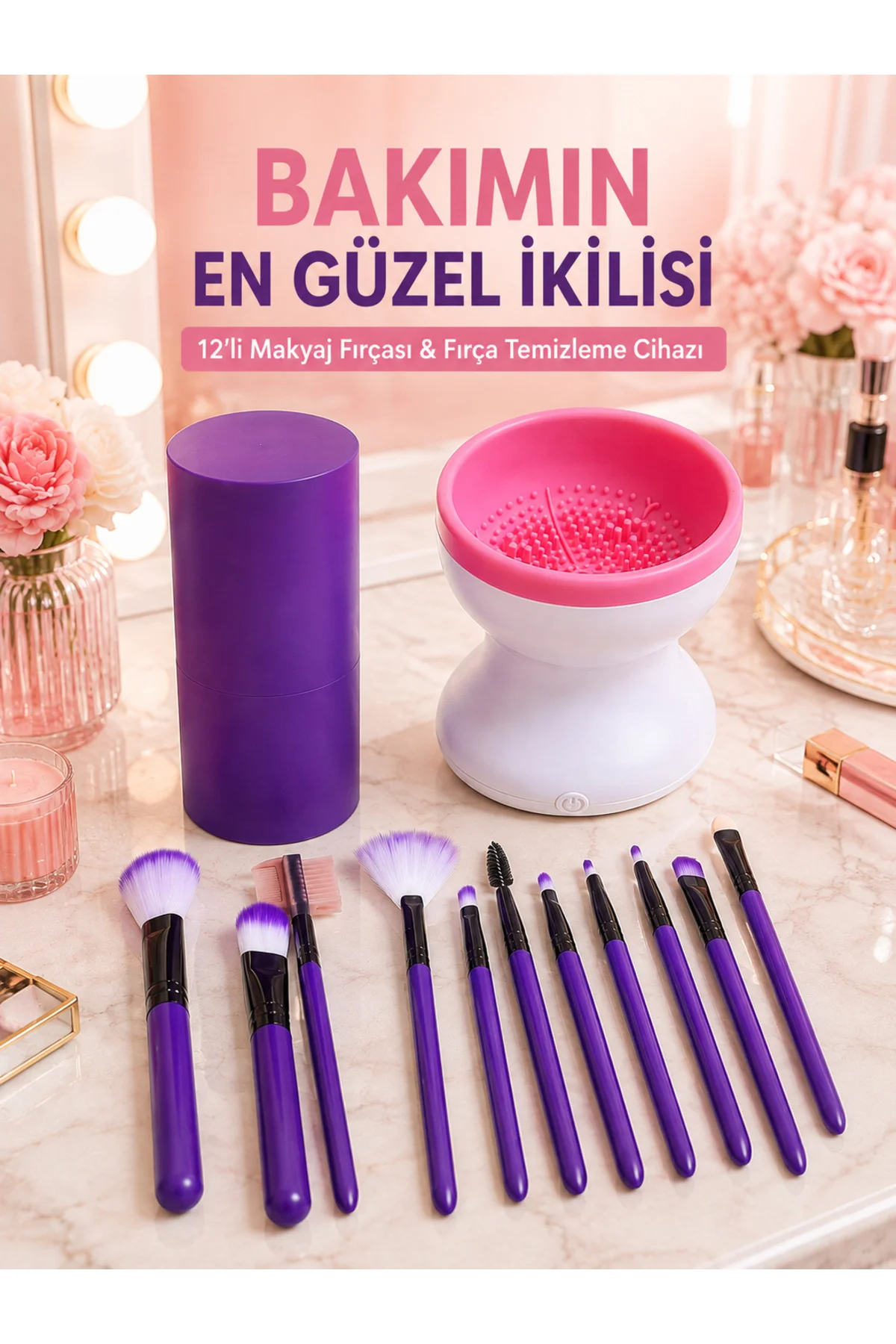 Avantajlı İkili Set 12’li Mor Makyaj Fırçası ve Elektrikli Makyaj Fırçası Yıkama Temizleme Cihazı