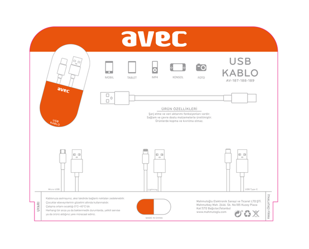 AVEC AV-187 Micro USB Kablo | Sağlam ve Dayanıklı Şarj Kablosu
