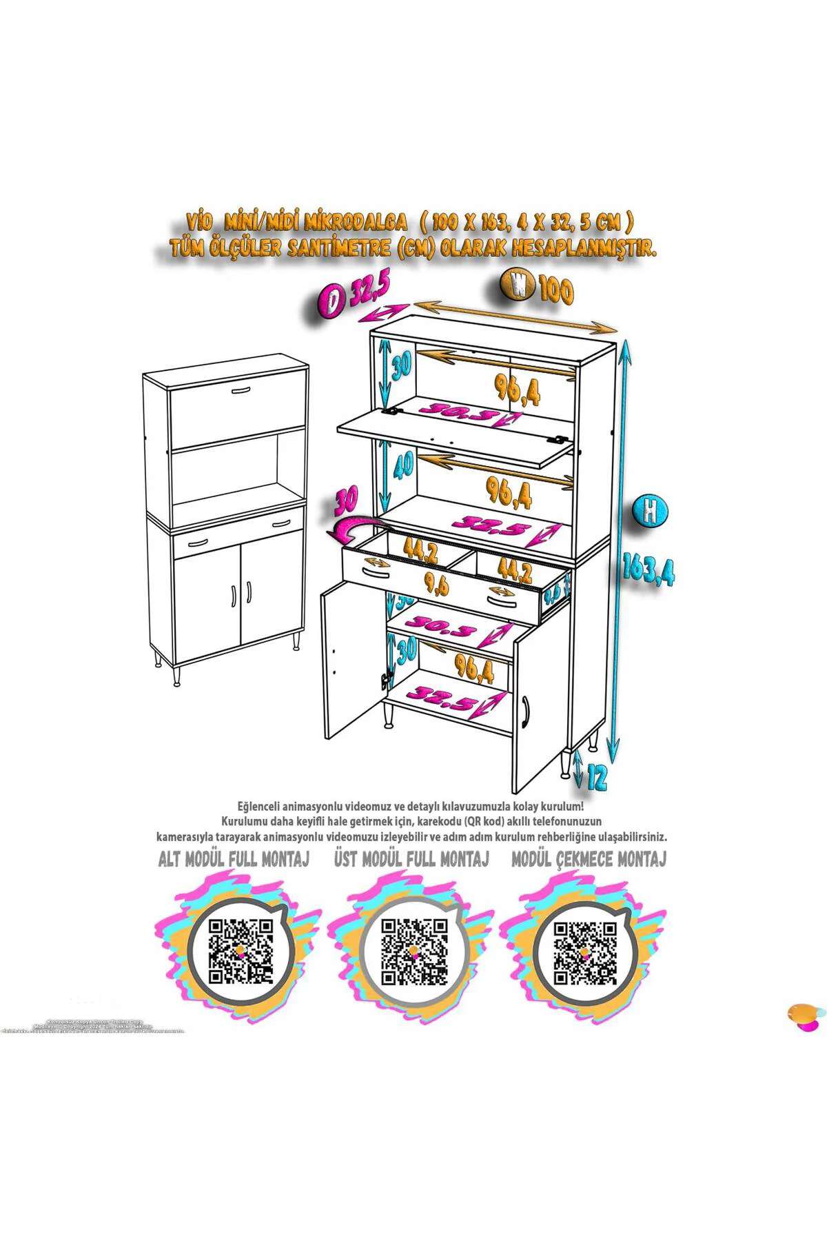 Avelin Kapaklı Mini/Midi Fırın Dolabı 100 cm Beyaz Çok Fonksiyonl