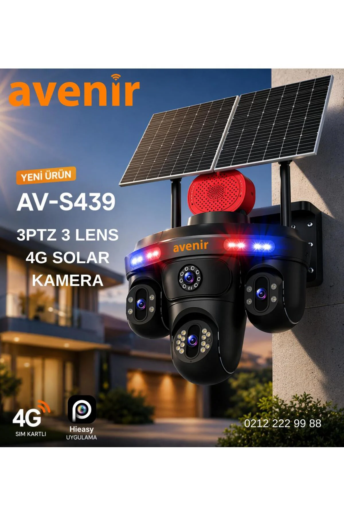 Avenir Solar Güvenlik Kamerası – 3 Lensli Panoramik Dış Mekan Güvenlik Kamerası