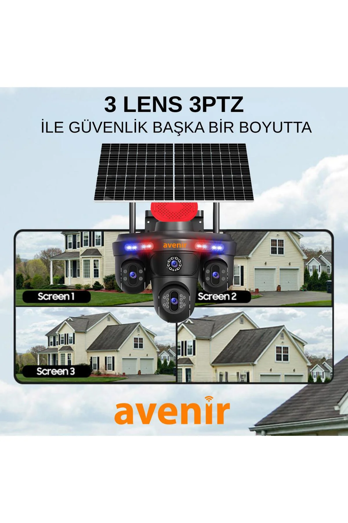 Avenir Solar Güvenlik Kamerası – 3 Lensli Panoramik Dış Mekan Güvenlik Kamerası