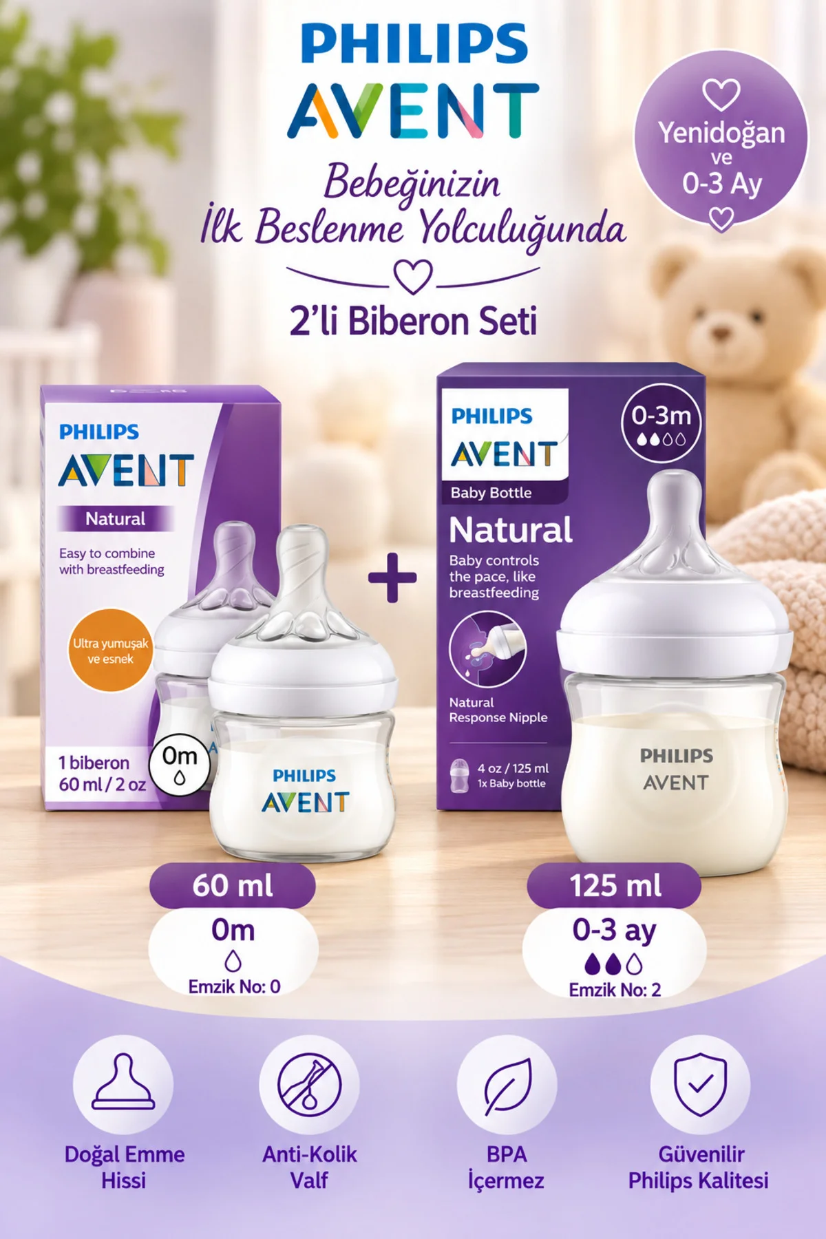 Avent Yenidoğan BaşlangıçBiberon Seti 2'li 60 ml + 125 ml no:0 no:2 PP Cam Değildir