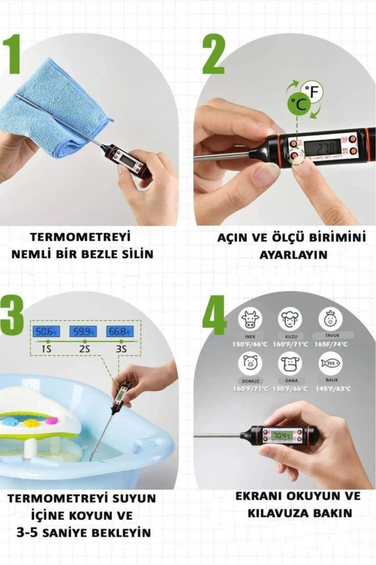 Aveo 1 Adet Dijital Gıda Termometresi Et Süt Mama Pasta Sıcaklık 