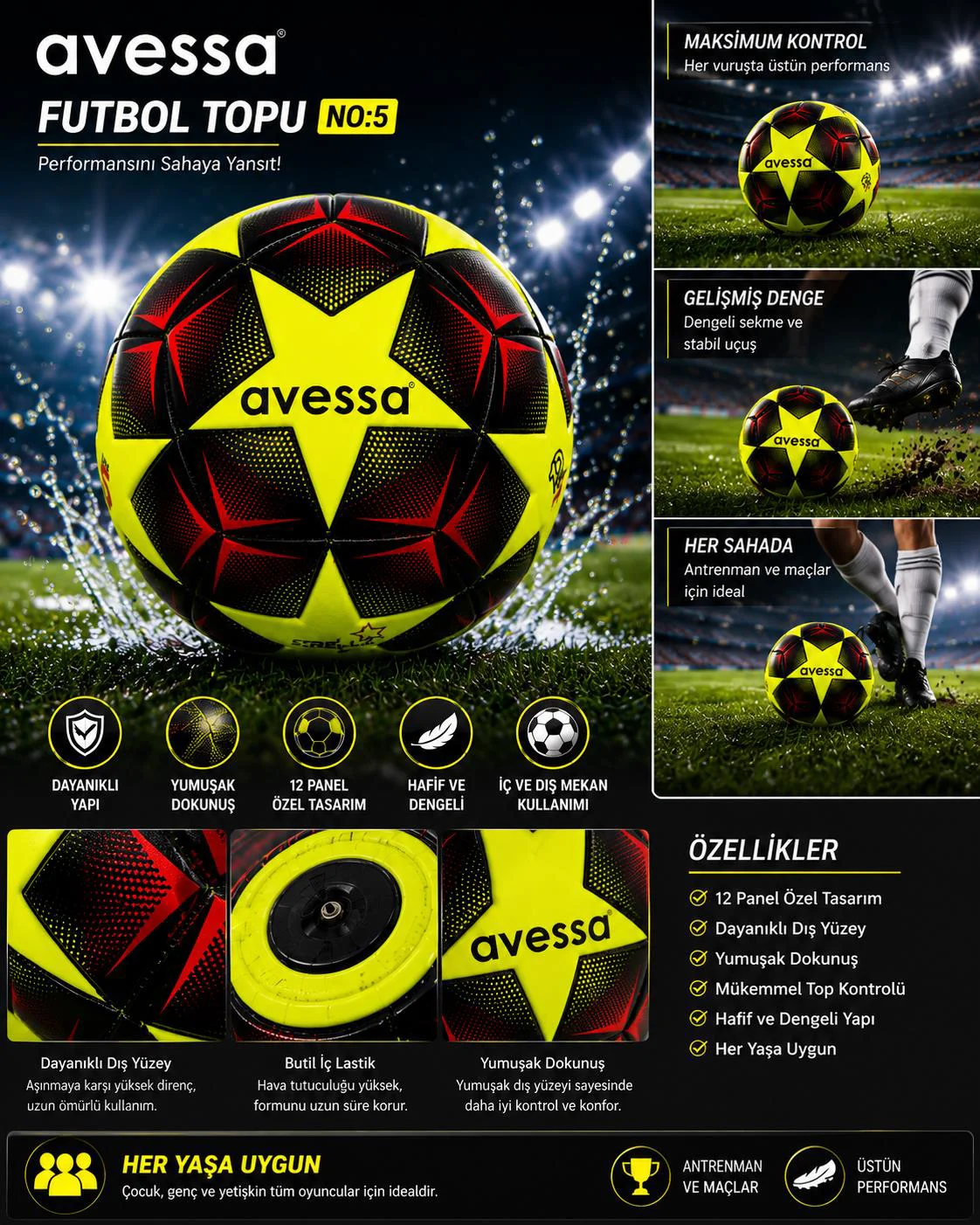 Avessa Estrella Futbol Topu 12 Panel No5 Sarı Fiyatı, Yorumları ve Özellikleri