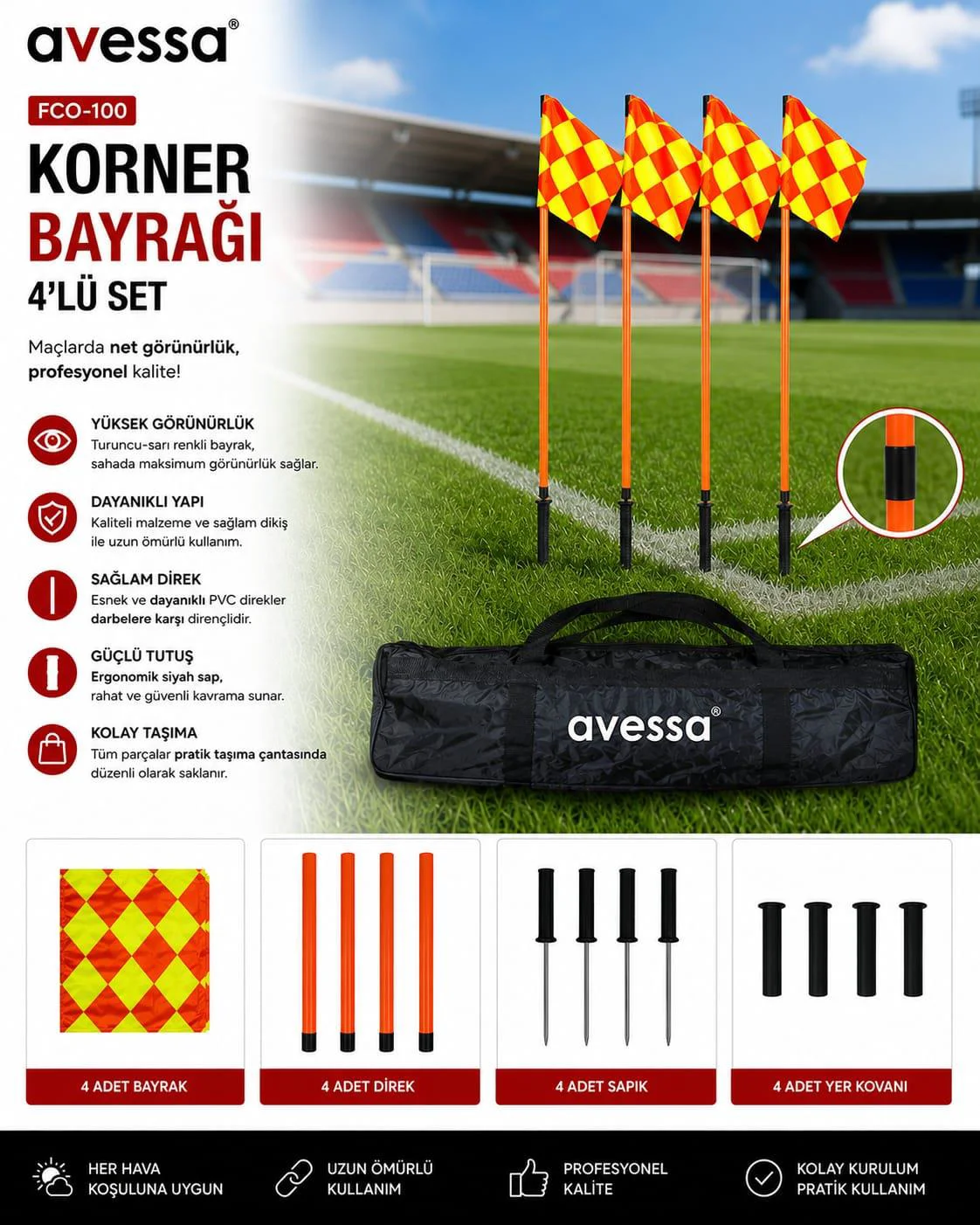 Avessa Fco-100 Korner Bayrağı 4lü Set Avessa Fco-100 Korner Bayrağı 4lü Set