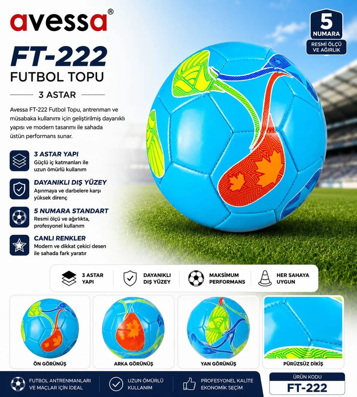 Avessa Ft-222 Futbol Topu 3 Astar Açık Mavi Avessa Ft-222 Futbol Topu 3 Astar Açık Mavi