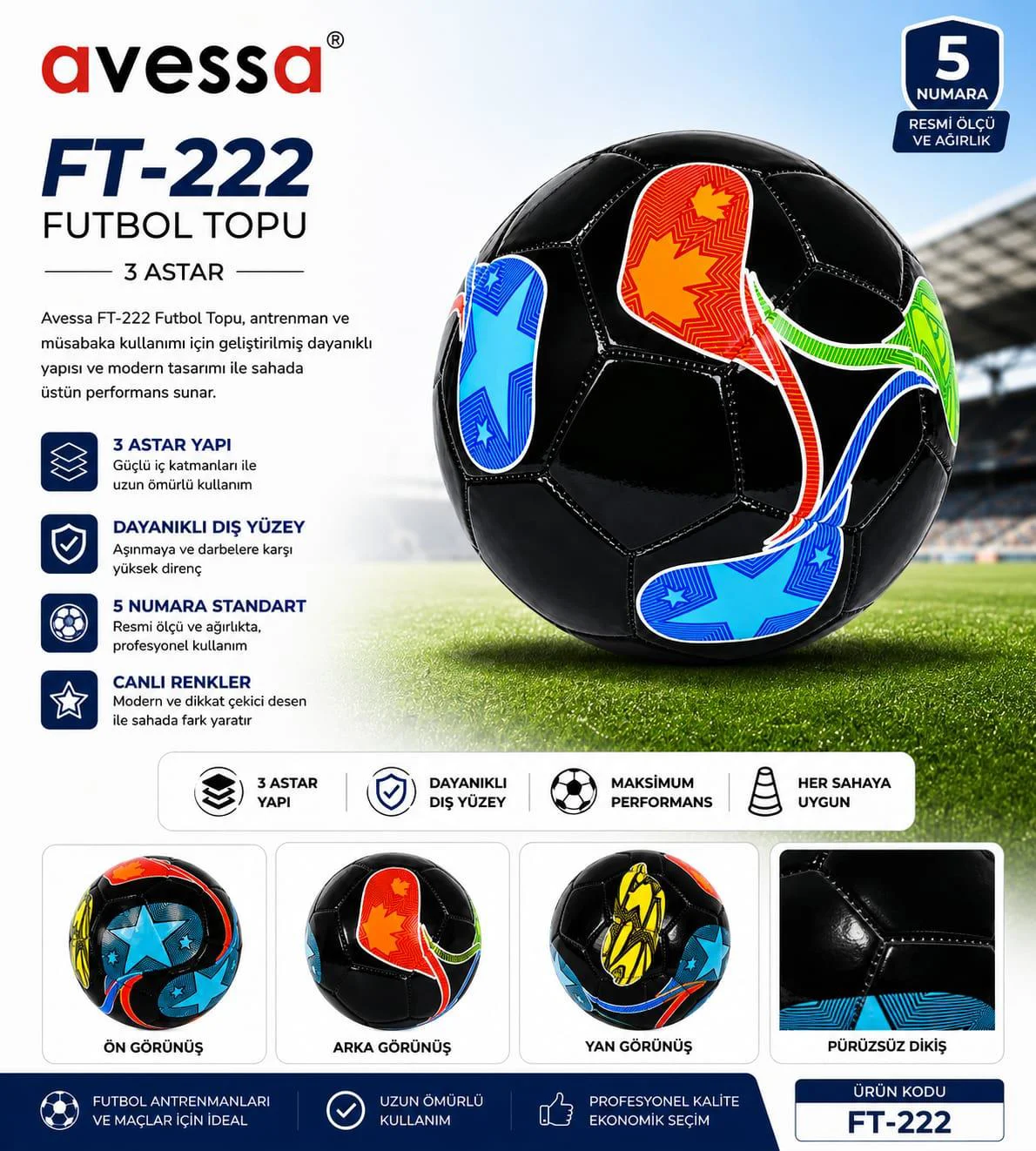 Avessa Ft-222 Futbol Topu 3 Astar Siyah Avessa Ft-222 Futbol Topu 3 Astar Siyah