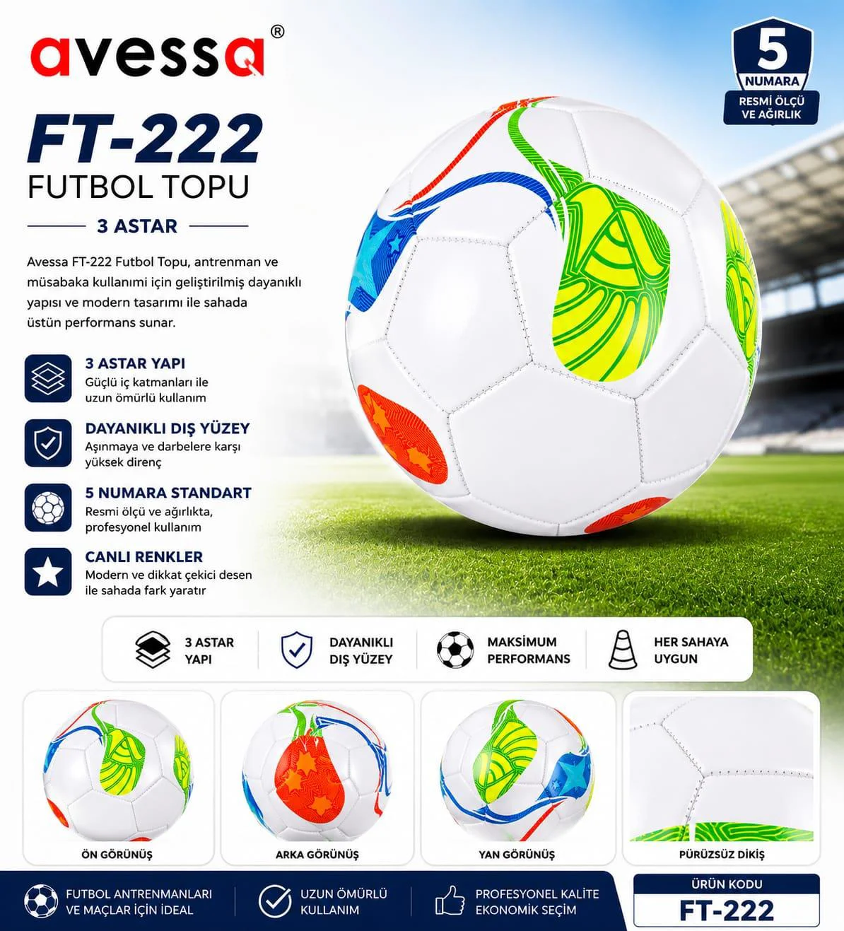 Avessa Ft-222 Futbol Topu 3 Astar Beyaz Avessa Ft-222 Futbol Topu 3 Astar Beyaz