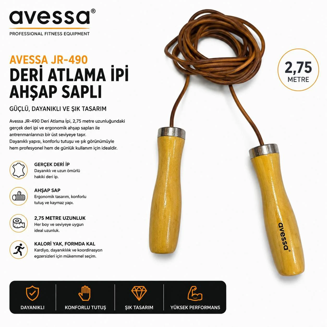 Avessa Jr-490 Ahşap Saplı Deri Atlama İpi Avessa Jr-490 Ahşap Saplı Deri Atlama İpi