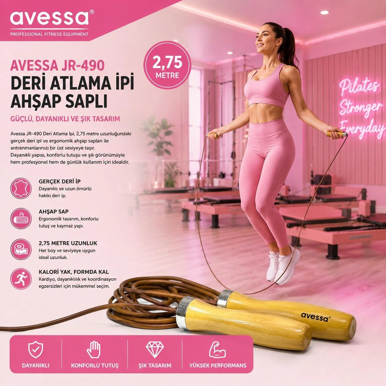 Avessa Jr-490 Ahşap Saplı Deri Atlama İpi Avessa Jr-490 Ahşap Saplı Deri Atlama İpi