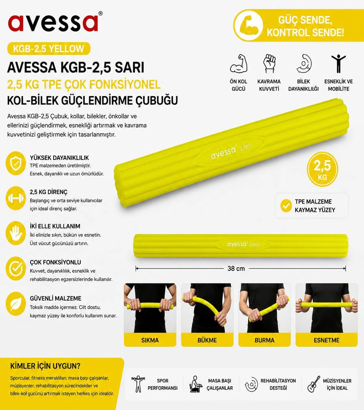 Avessa Kbg-2,5 Tpe Çok Fonksiyonlu Kol-Bilek Güçlendirme Çubuğu Avessa Kbg-2,5 Tpe Çok Fonksiyonlu Kol-Bilek Güçlendirme Çubuğu