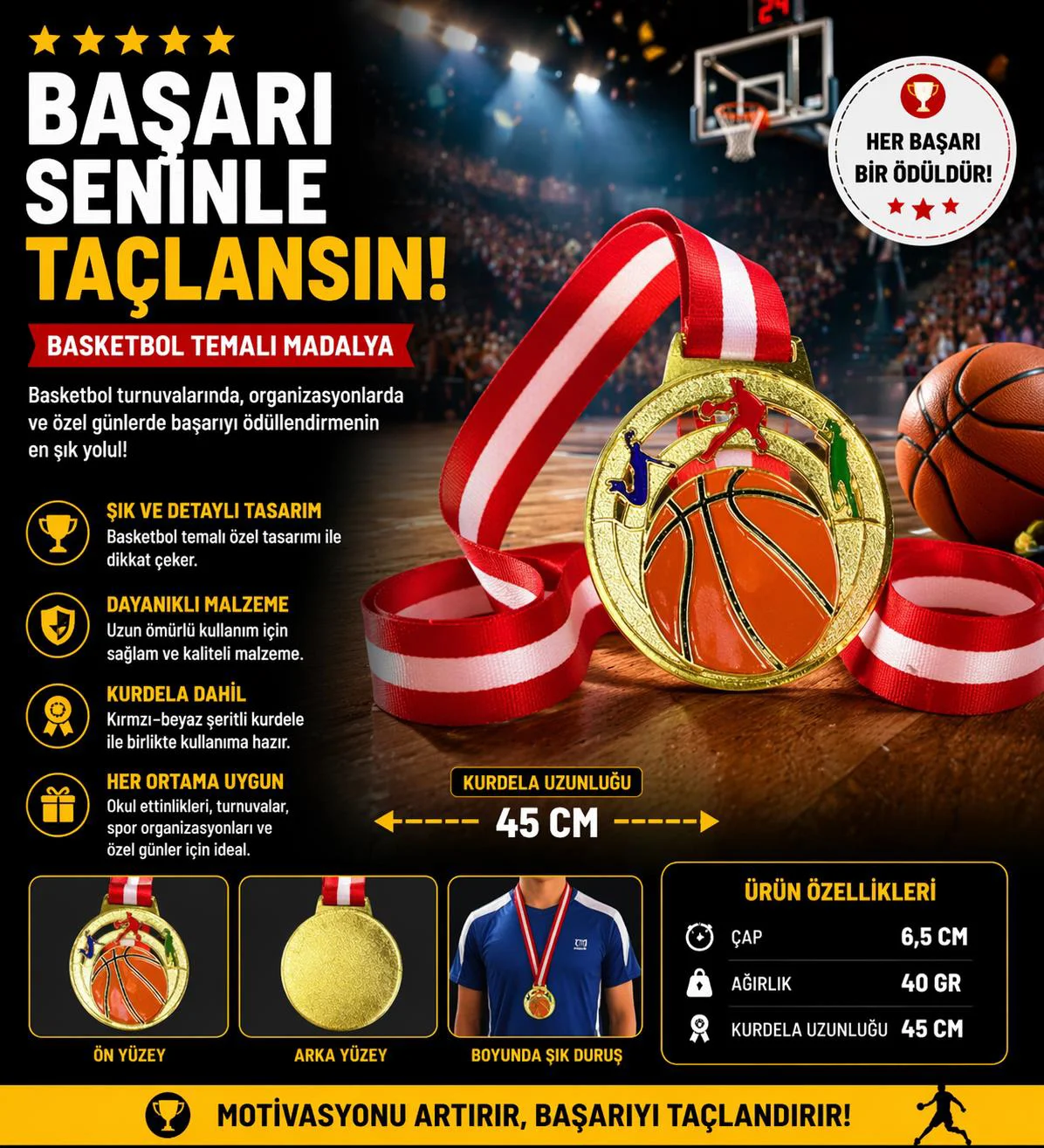 Avessa Mad-Bas-1 Basketbol Figürlü Madalya 6.5 Cm