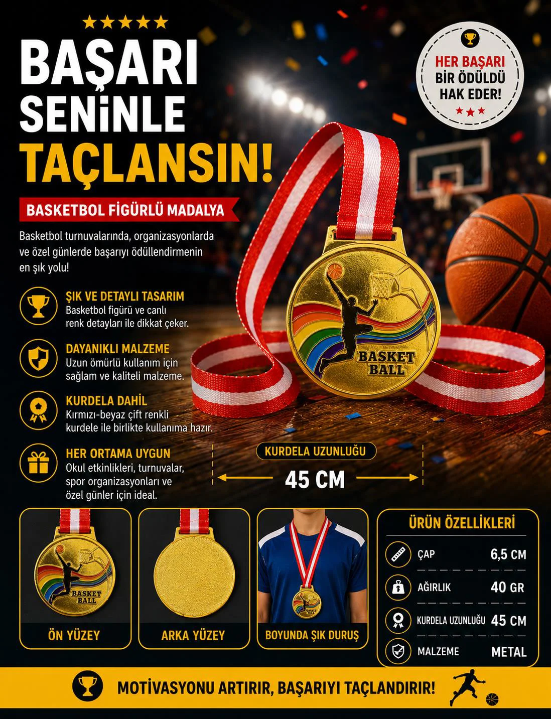 Avessa Mad-Bas-2 Basketbol Figürlü Madalya 6.5 Cm