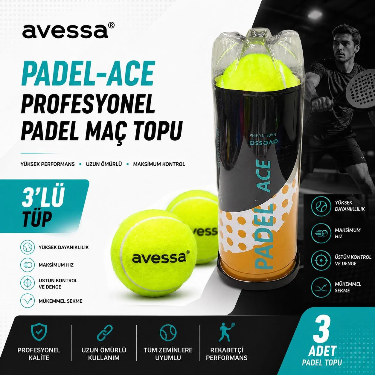 Avessa Padel-Ace Profesyonel Padel Maç Topu 3lü