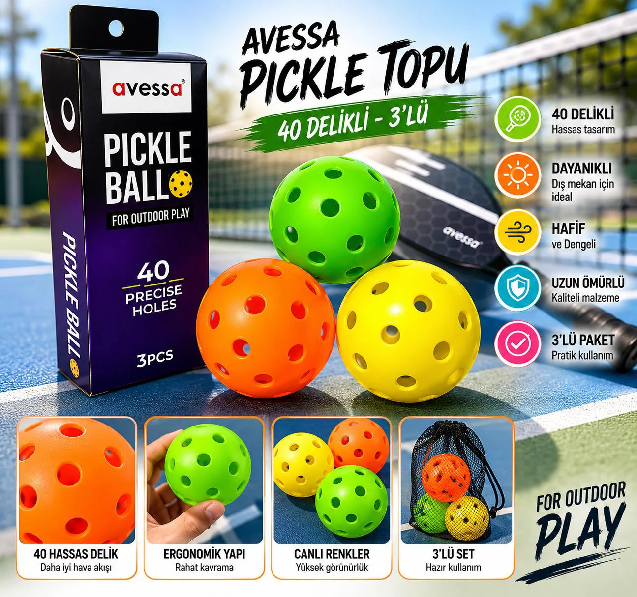 Avessa Pbal-400 Pıckle Topu 40 Delikli 3lü Avessa Pbal-400 Pıckle Topu 40 Delikli 3lü