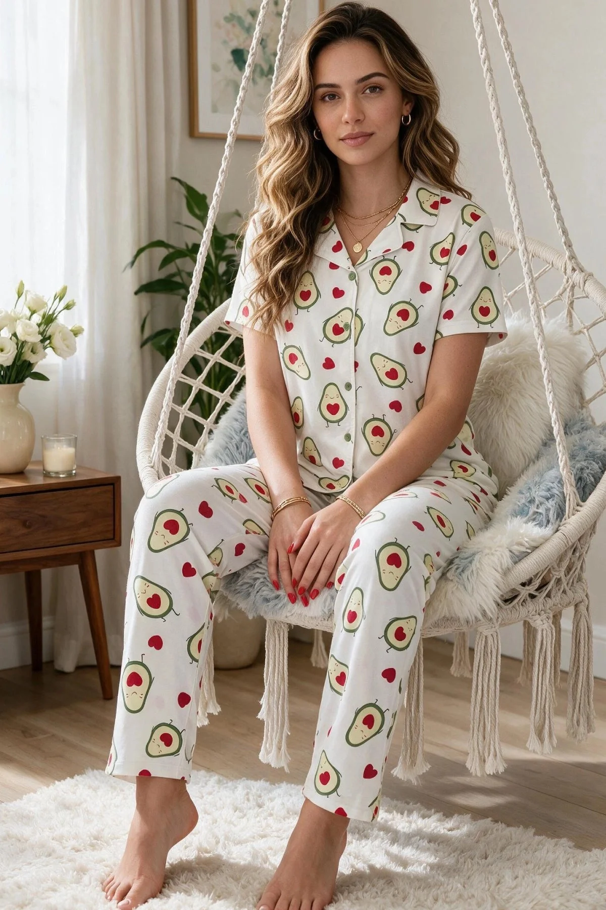 Avokado Desenli Kısa Kollu Gömlek Yaka Milan Kumaş Kadın Pijama Takımı Fiyatı, Yorumları ve Özellikleri