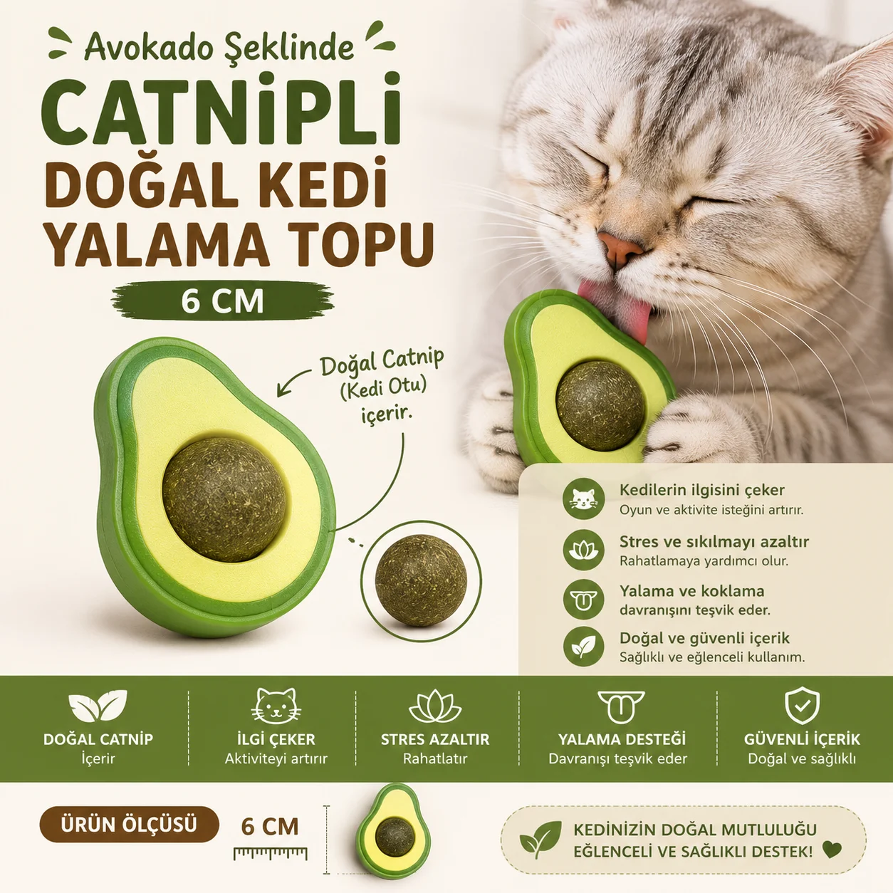 Avokado Şeklinde Catnipli Doğal Kedi Yalama Topu 6 Cm