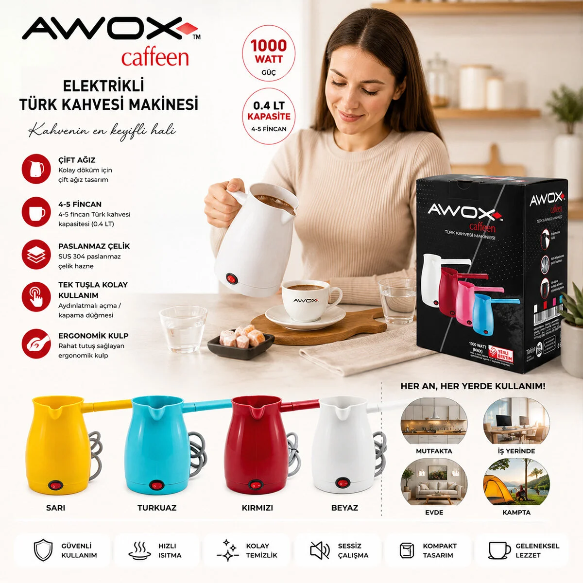 Awox Caffeen Kırmızı Elektrikli Cezve Türk Kahvesi Makinesi Plastik Çift Ağız 0.4LT - 5 Fincan 1000W Fiyatı, Yorumları ve Özellikleri