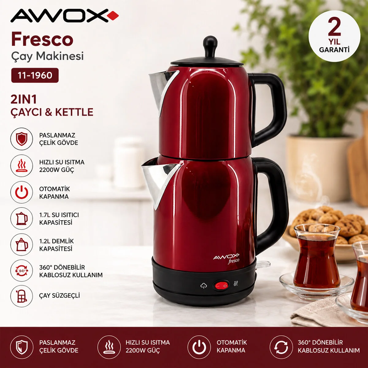 Awox Fresco Kırmızı Elektrikli Çay Makinesi Çaycı Set 1.7LT Su Isıtıcı + 1.2LT Demlik Paslanmaz Çelik Gövde 2200W Fiyatı, Yorumları ve Özellikleri
