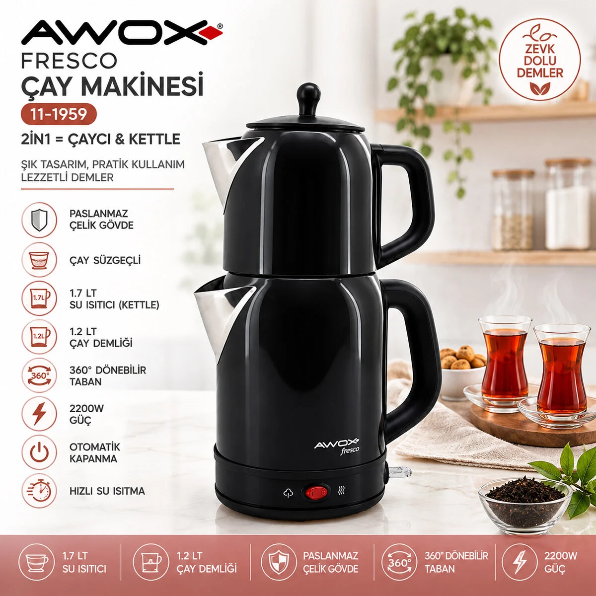 Awox Fresco Siyah Elektrikli Çay Makinesi Çaycı Set 1.7LT Su Isıtıcı + 1.2LT Demlik Paslanmaz Çelik Gövde 2200W Fiyatı, Yorumları ve Özellikleri