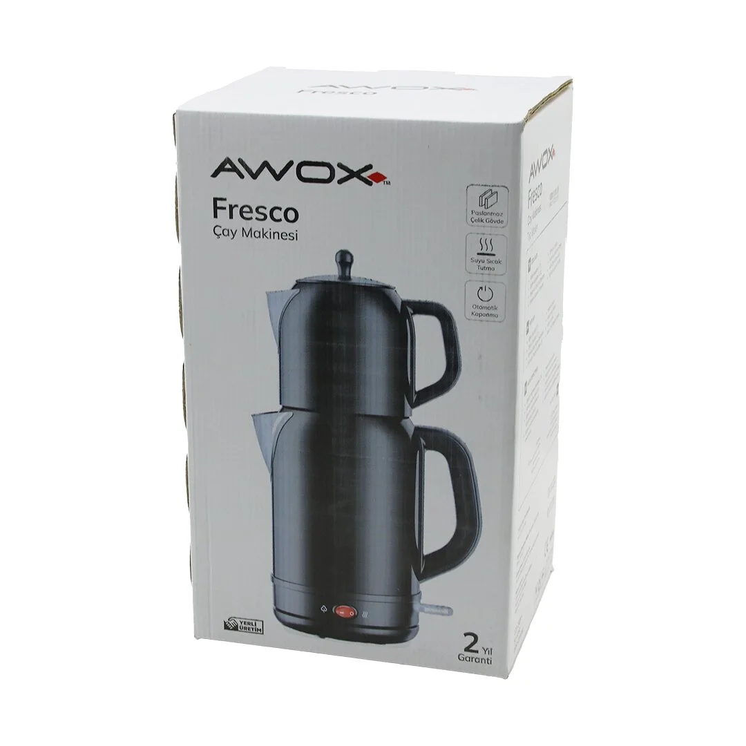 Awox Fresco Siyah Elektrikli Çay Makinesi Çaycı Set 1.7lt Su Isıtıcı + 1.2lt Demlik Paslanmaz Çelik Gövde 2200w Bx40