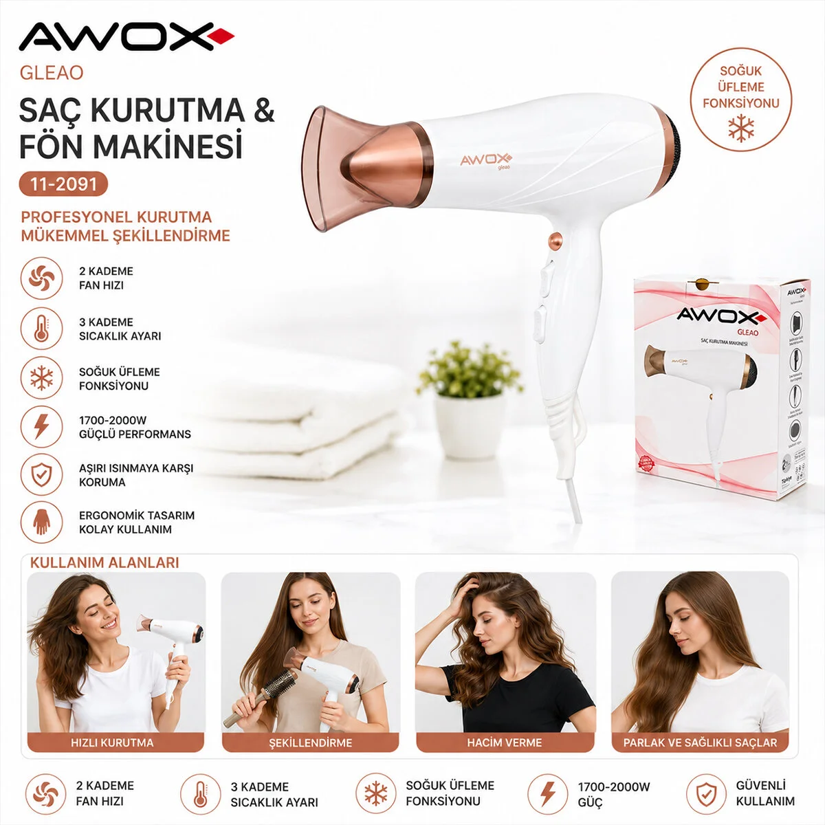 Awox Gleao Beyaz Saç Kurutma - Fön Makinesi Soğuk Üfleme 2 Kademe Fan - 3 Kademe Sıcaklık 1700-2000W Awox Gleao Beyaz Saç Kurutma - Fön Makinesi Soğuk Üfleme 2 Kademe Fan - 3 Kademe Sıcaklık 1700-2000W