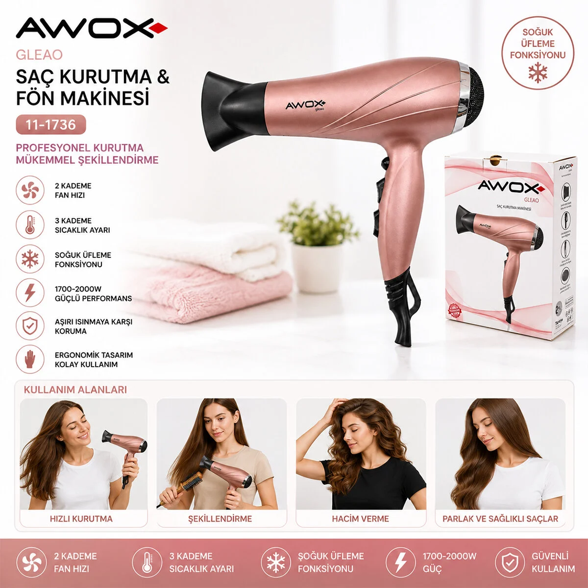Awox Gleao Rose-gold Saç Kurutma - Fön Makinesi Soğuk Üfleme 2 Kademe Fan - 3 Kademe Sıcaklık 2000W Awox Gleao Rose-gold Saç Kurutma - Fön Makinesi Soğuk Üfleme 2 Kademe Fan - 3 Kademe Sıcaklık 2000W