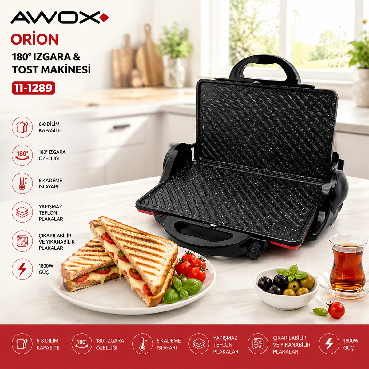 Awox Orion Kırmızı 8 Dilim Elektrikli Teflon Tost Makinesi - 180° Izgara 6 Kademe Isı Ayarı 1800W Fiyatı, Yorumları ve Özellikleri