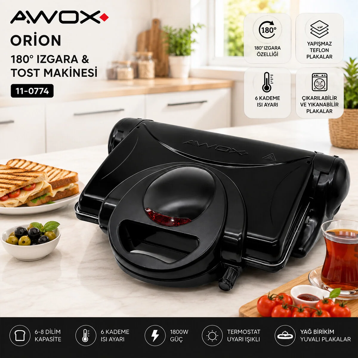 Awox Orion Siyah Toaster 8 Dilim Tost Makinesi - 180° Izgara 1800W Fiyatı, Yorumları ve Özellikleri