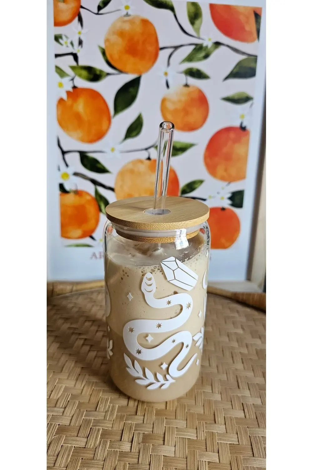 Ay Temalı Beyaz Cam Pipetli Bambu Kapaklı 475 ml Bardak