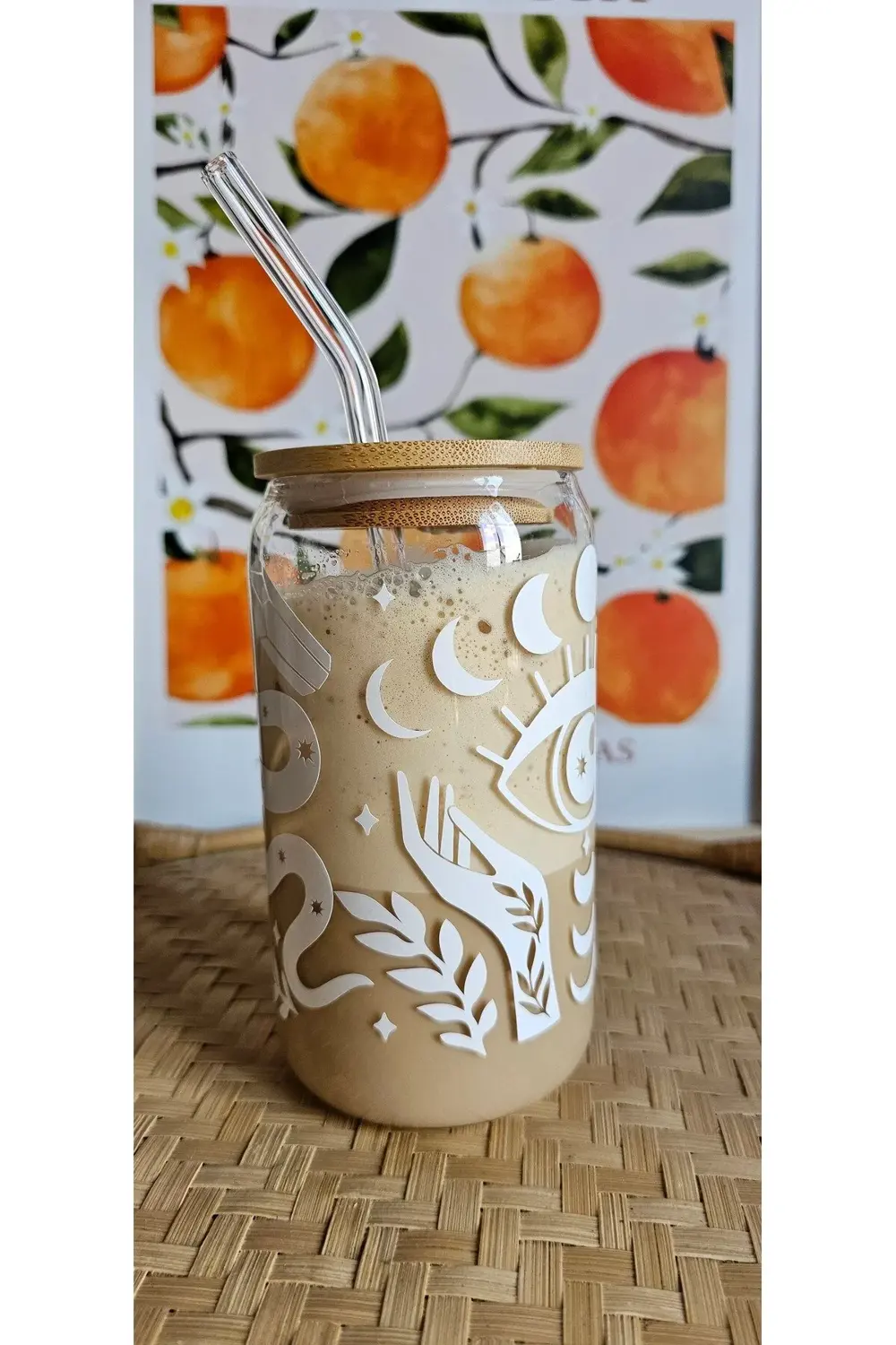 Ay Temalı Beyaz Cam Pipetli Bambu Kapaklı 475 ml Bardak