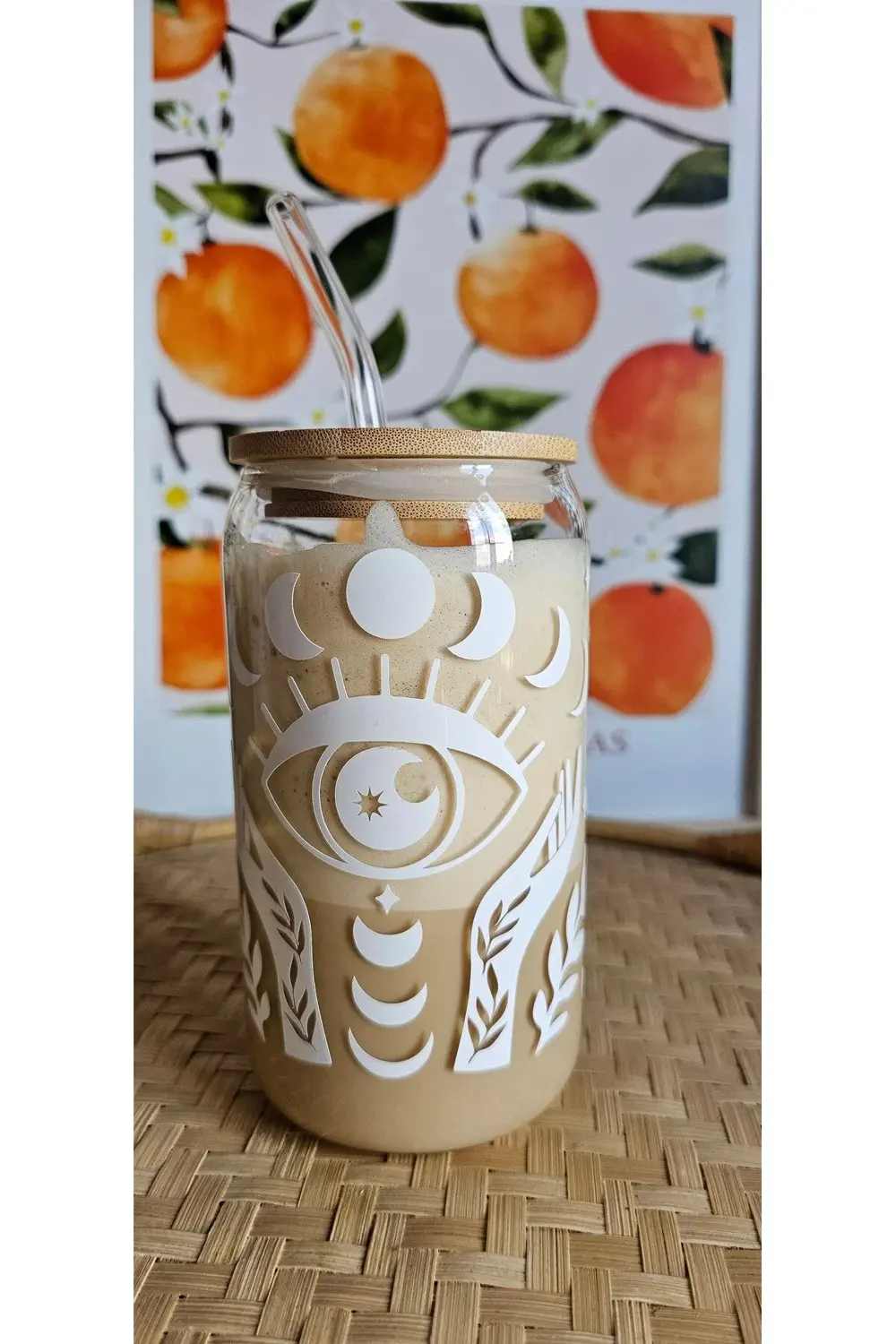 Ay Temalı Beyaz Cam Pipetli Bambu Kapaklı 475 ml Bardak