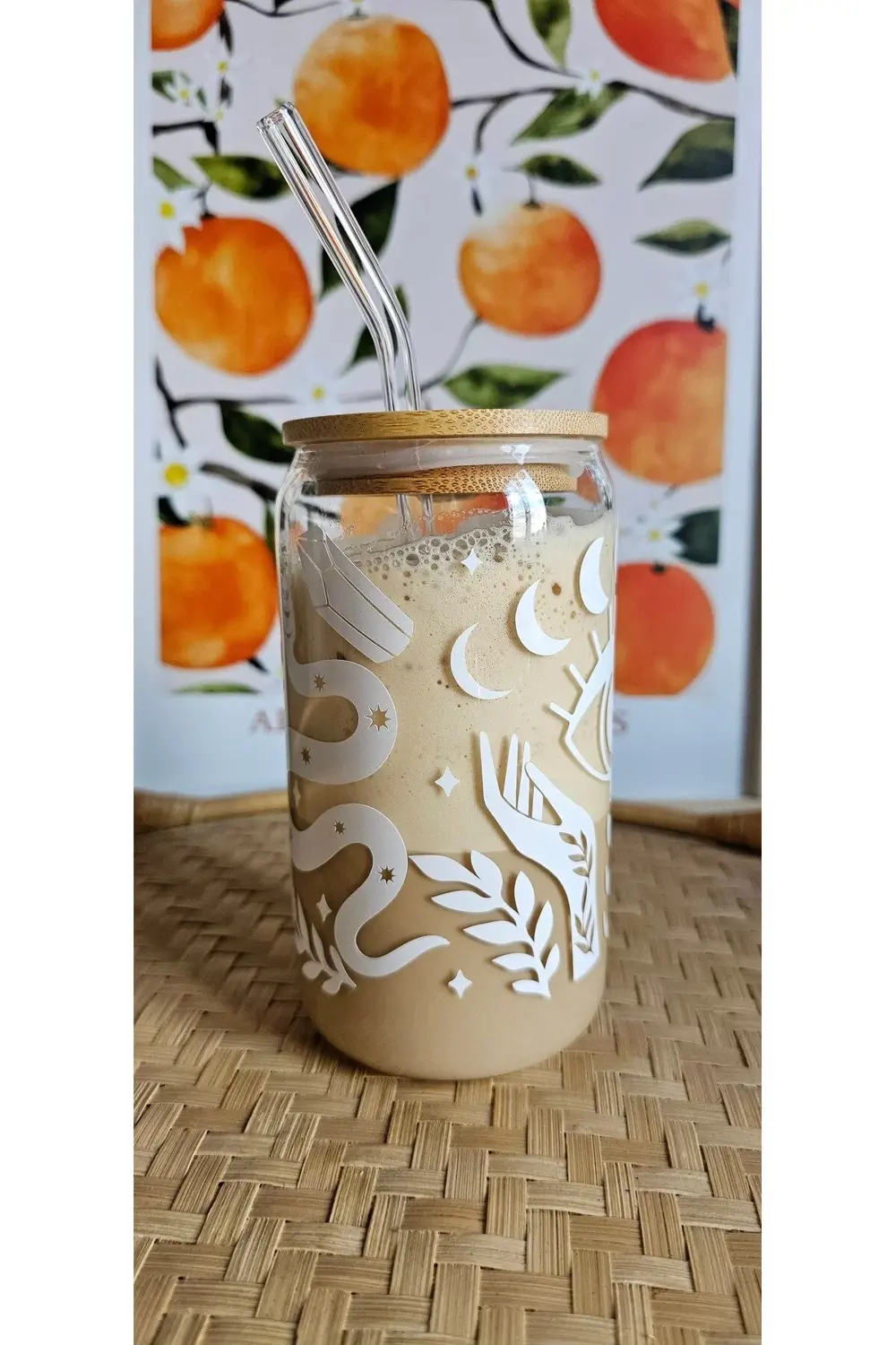 Ay Temalı Beyaz Cam Pipetli Bambu Kapaklı 475 ml Bardak