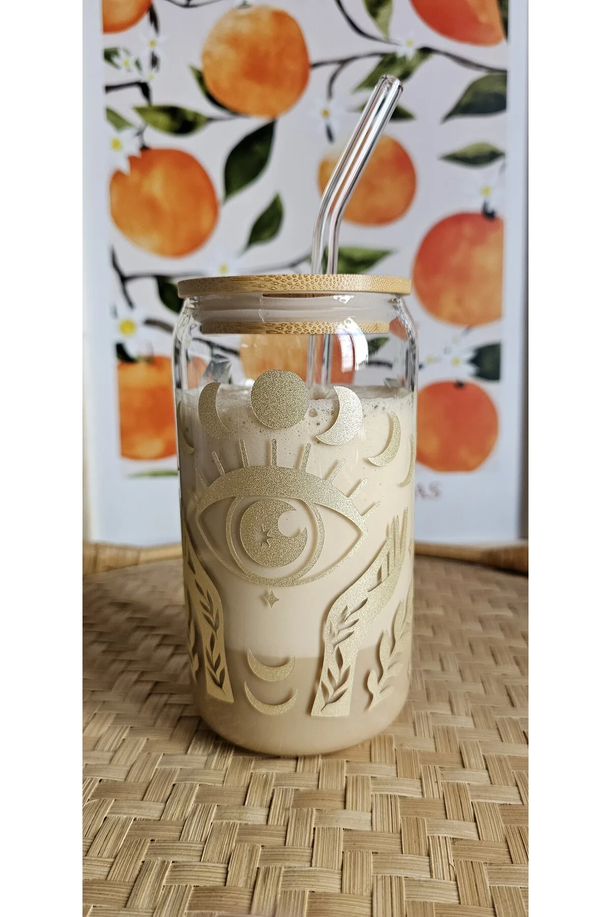Ay Temalı Cam Pipetli Bambu Kapaklı 475 ml Bardak