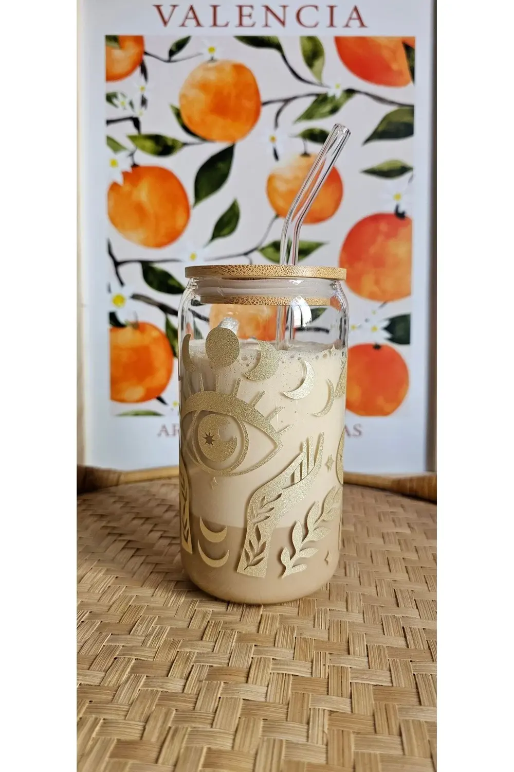 Ay Temalı Cam Pipetli Bambu Kapaklı 475 ml Bardak