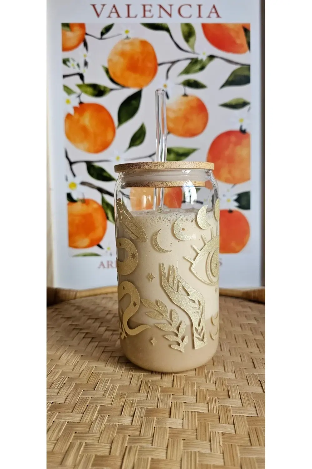 Ay Temalı Cam Pipetli Bambu Kapaklı 475 ml Bardak