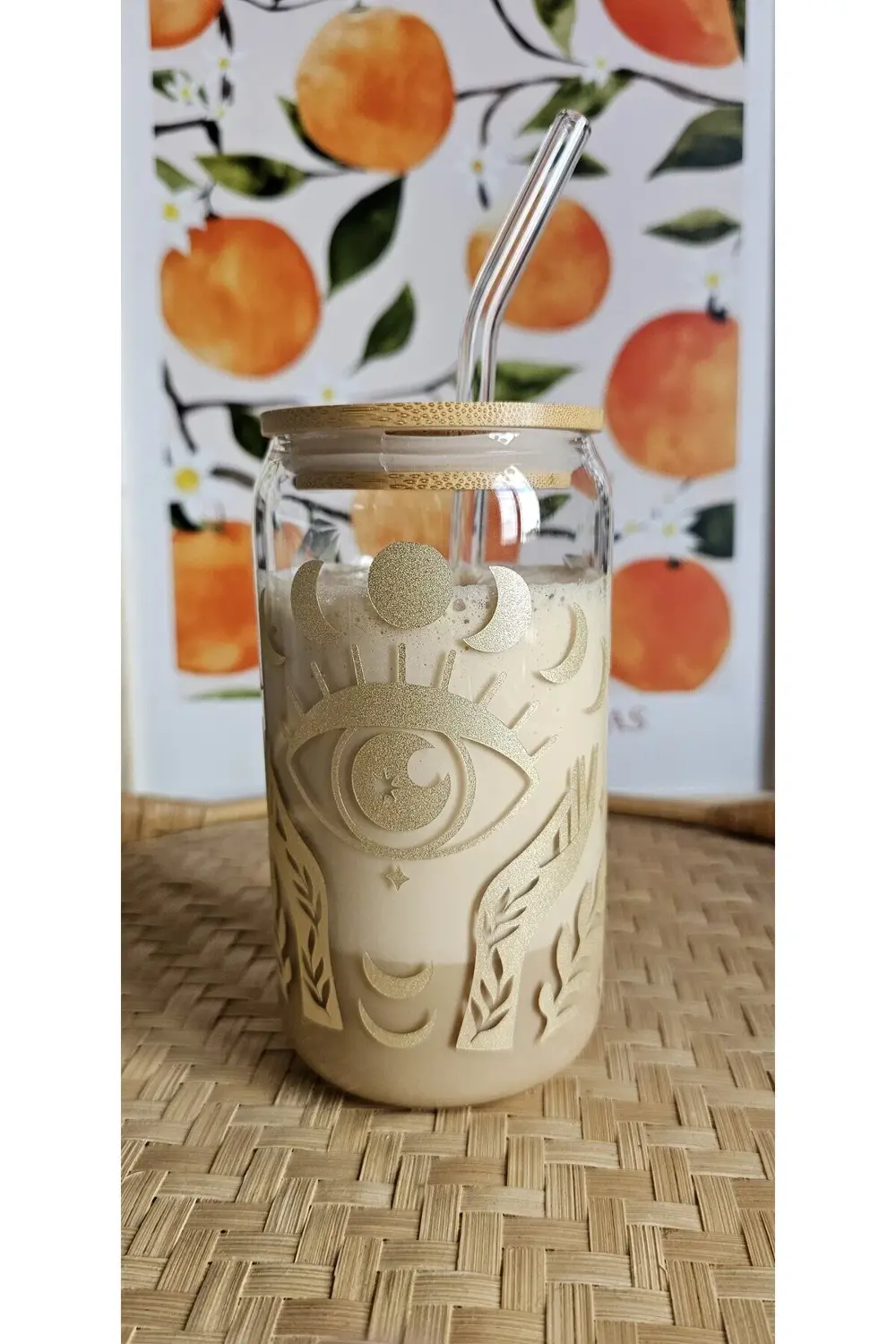 Ay Temalı Cam Pipetli Bambu Kapaklı 475 ml Bardak