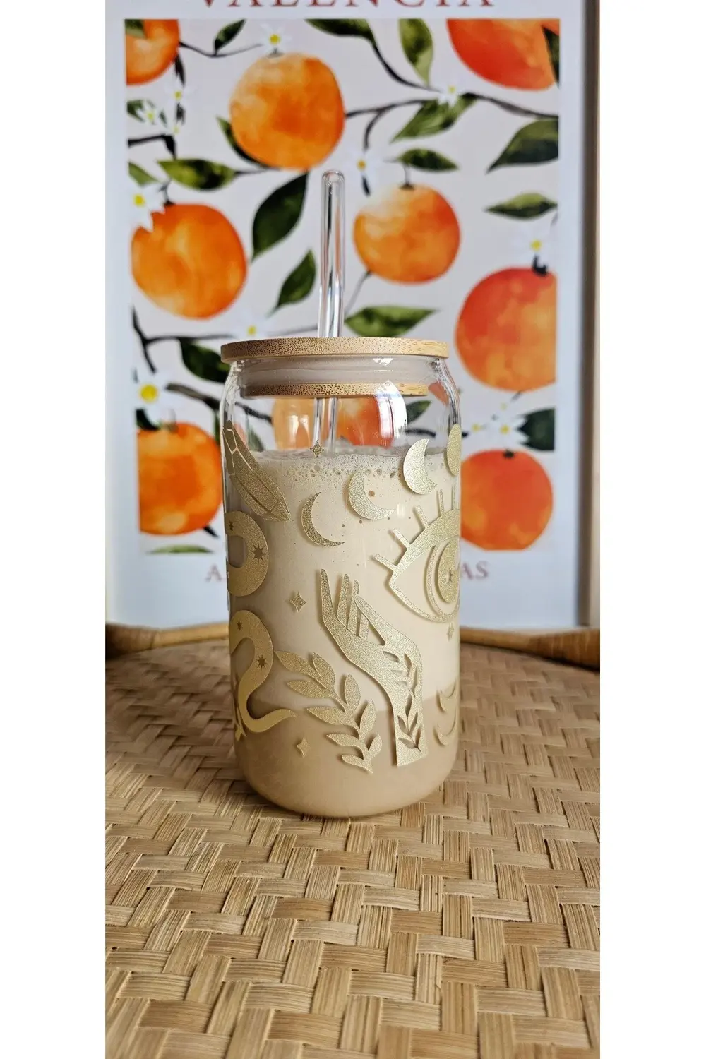 Ay Temalı Cam Pipetli Bambu Kapaklı 475 ml Bardak