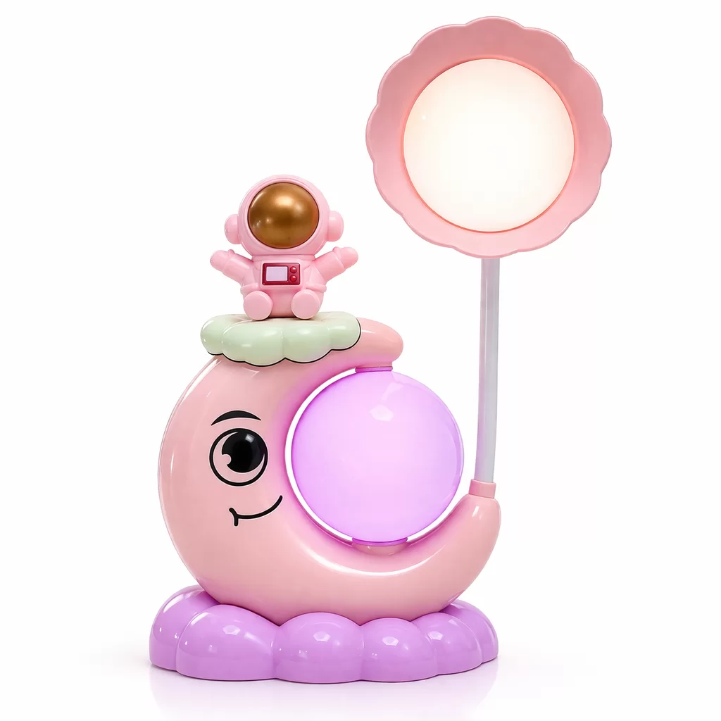 Ay ve Astronot Desenli Gece Lambası Çocuk Odası Dekorasyon Pembe
