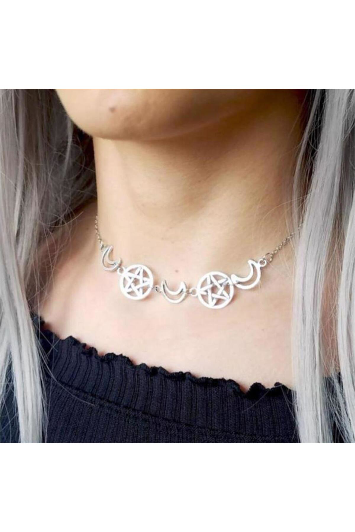 Ay Ve Pentagram Sıralı Kolye