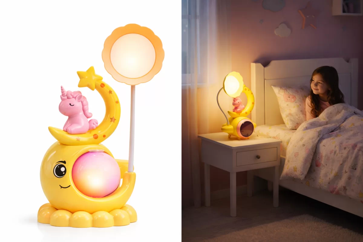 Ay ve Unicorn Desenli Gece Lambası Sarı Işıklı Pil ile Çalışan Ay ve Unicorn Desenli Gece Lambası Sarı Işıklı Pil ile Çalışan